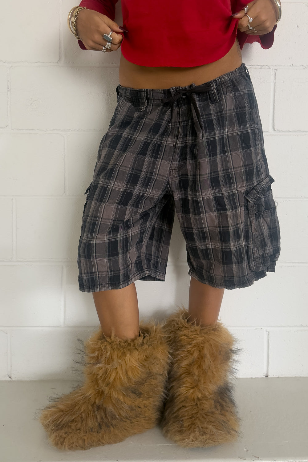 LEE charcoal plaid short ★ One size adjustable waist