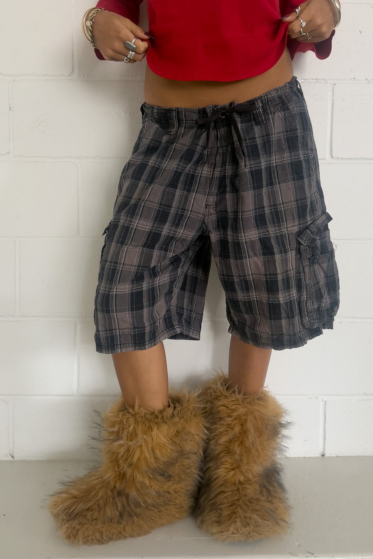 LEE charcoal plaid short ★ One size adjustable waist