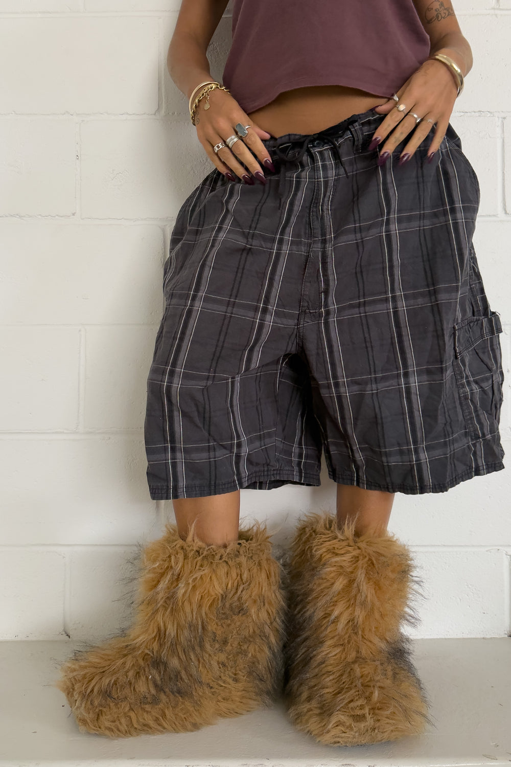 WRANGLER charcoal plaid short ★ One size adjustable waist