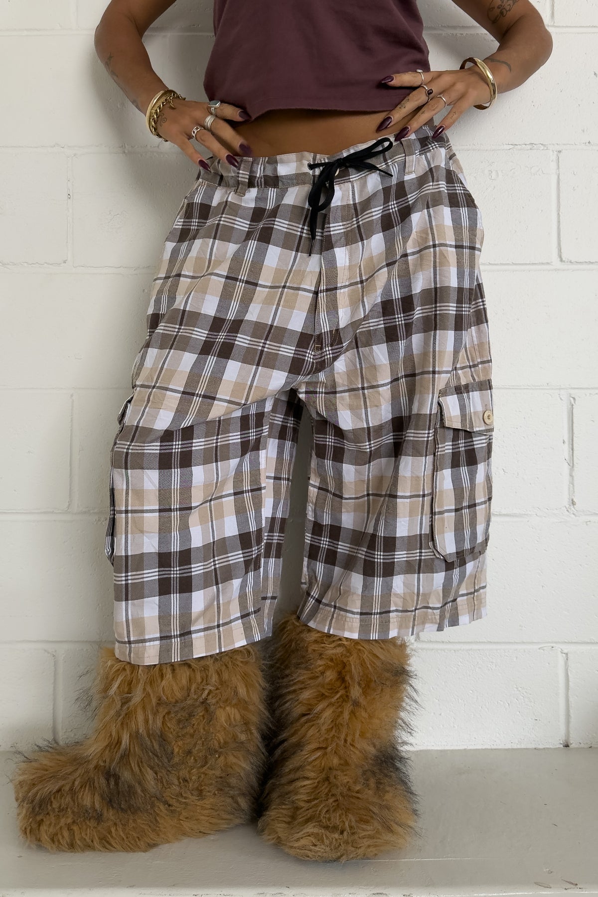 Yellow &  brown plaid short ★ One size adjustable waist