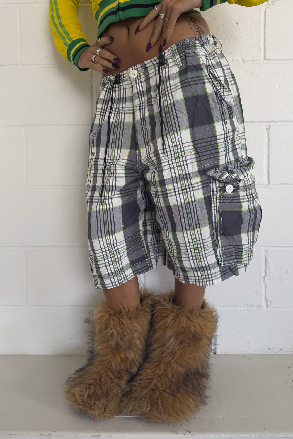 OP green + black plaid shorts ★ one size adjustable waist