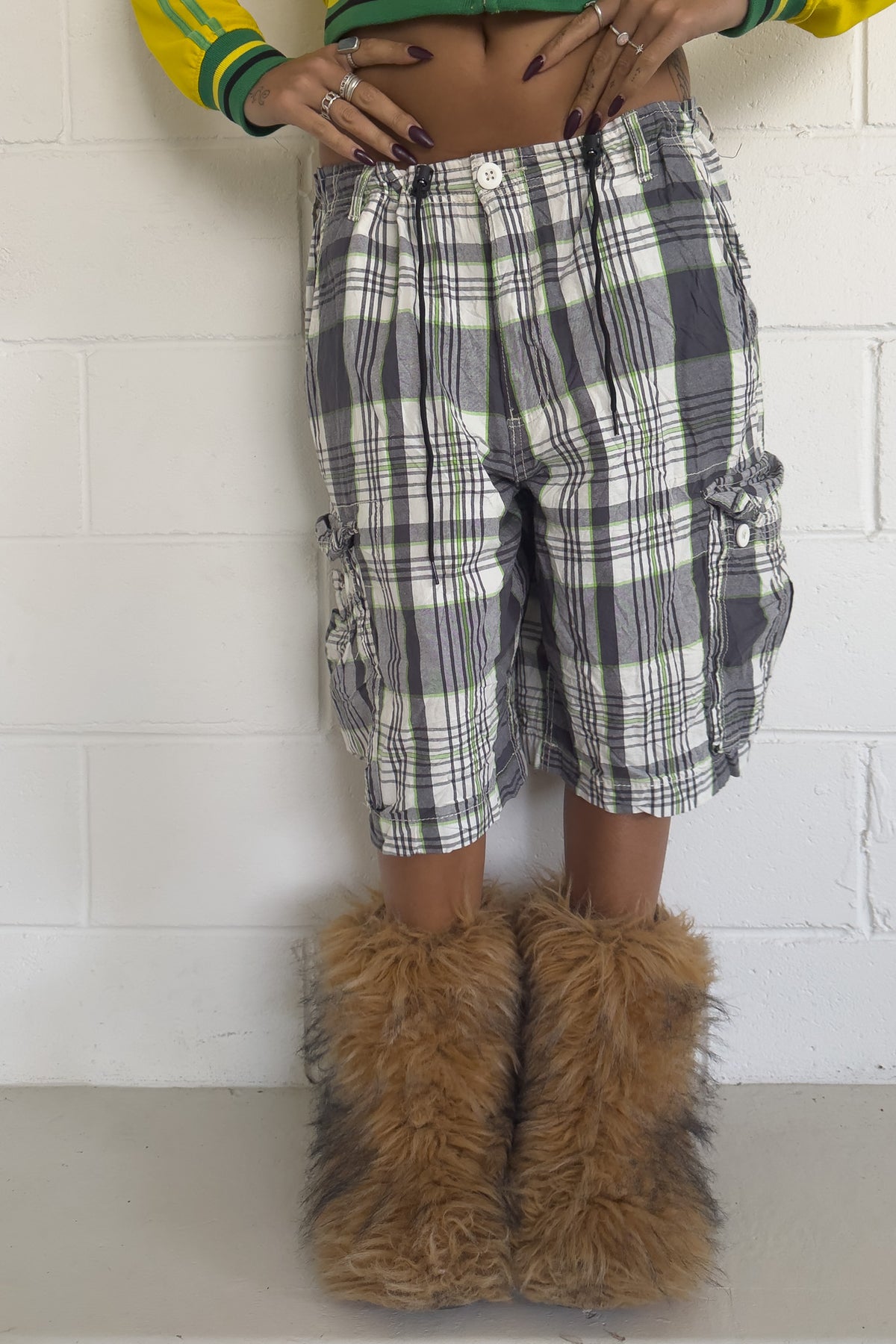 OP green + black plaid shorts ★ one size adjustable waist