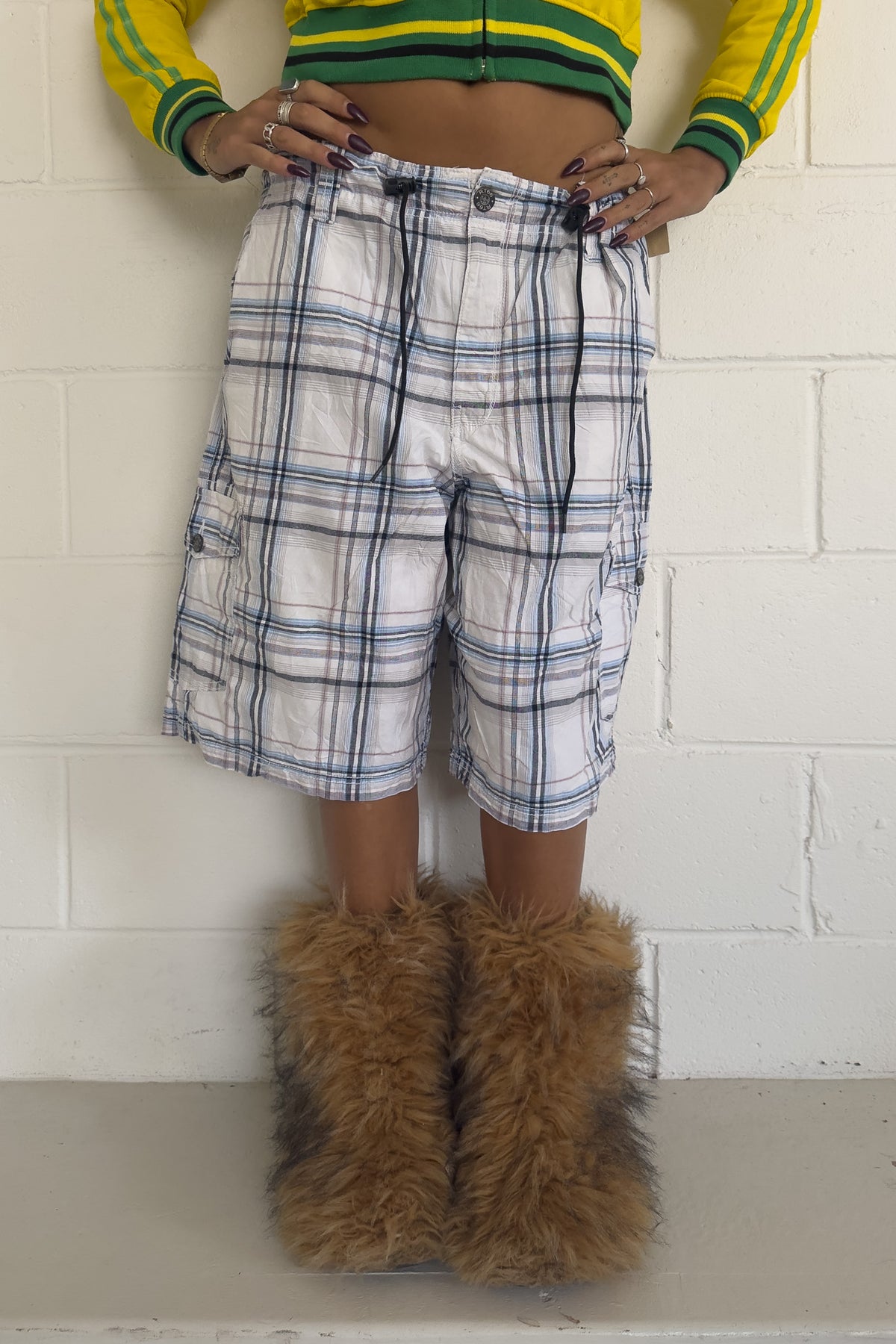 ROUTE 66 red + navy plaid shorts ★ one size adjustable waist