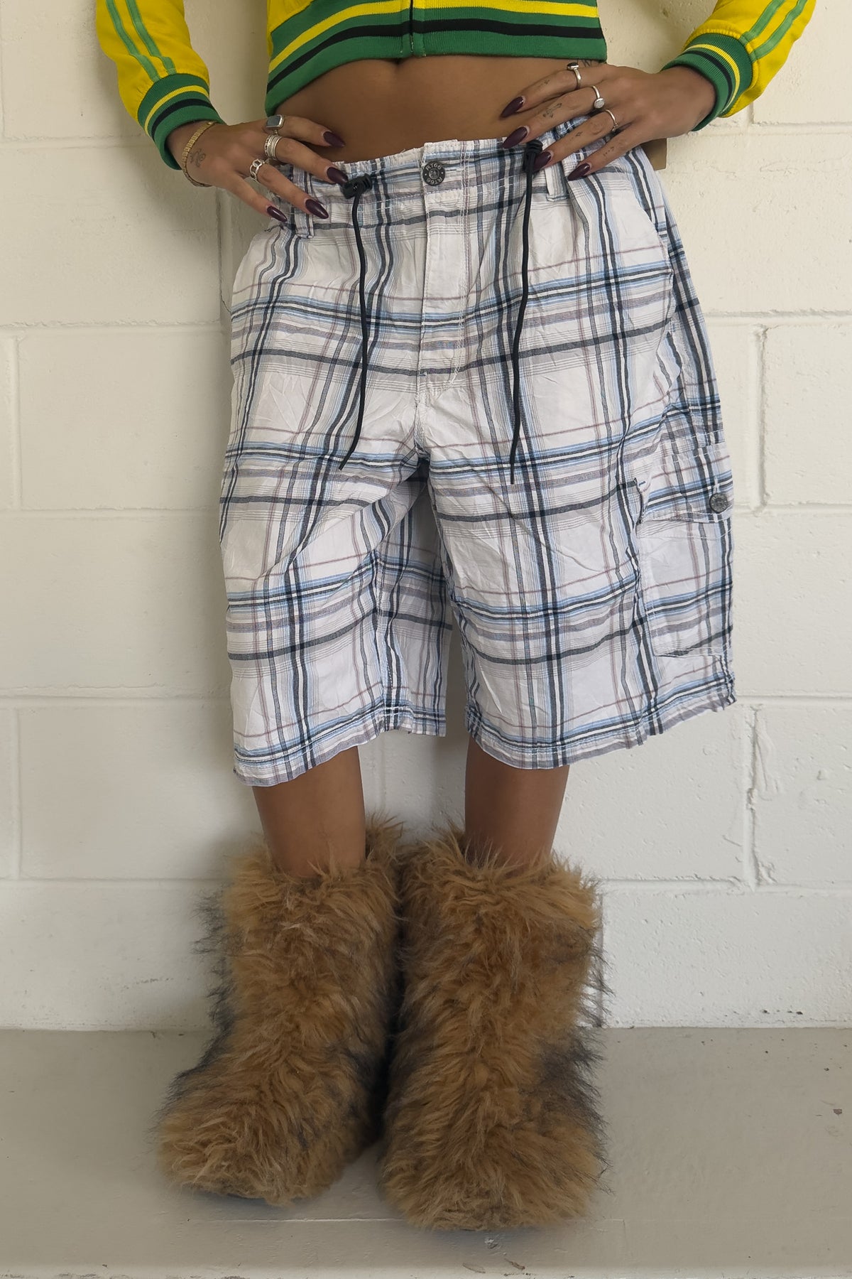 ROUTE 66 red + navy plaid shorts ★ one size adjustable waist