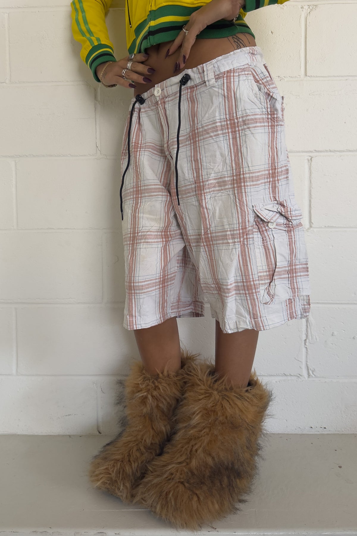BURNSIDE orange plaid shorts ★ one size adjustable waist