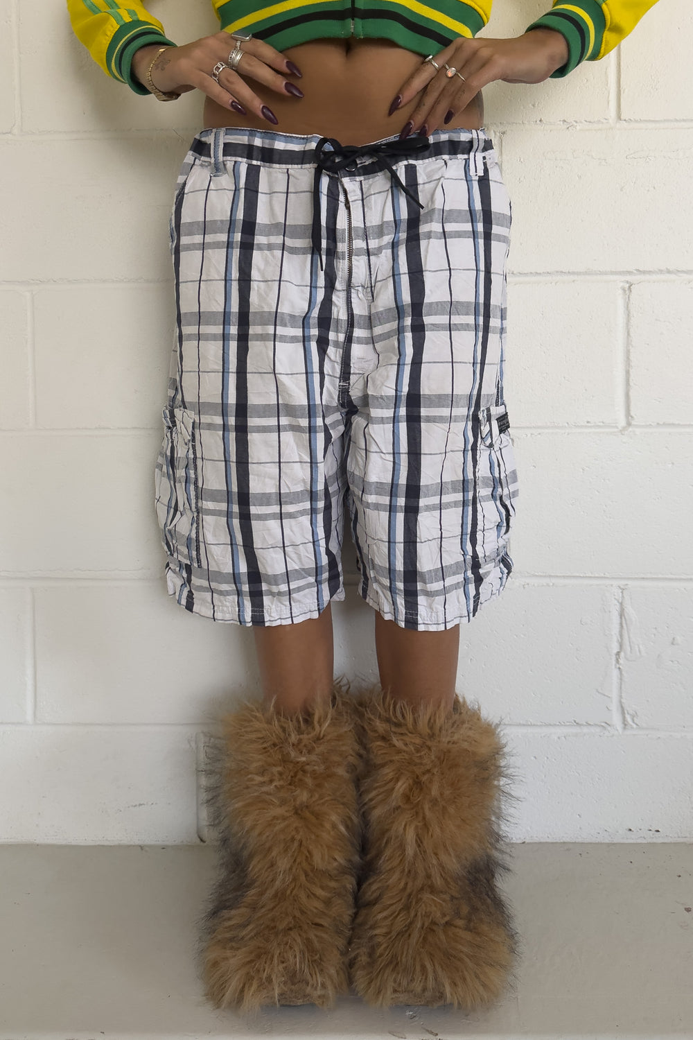 WRANGLER blue + white navy plaid shorts ★ one size adjustable waist