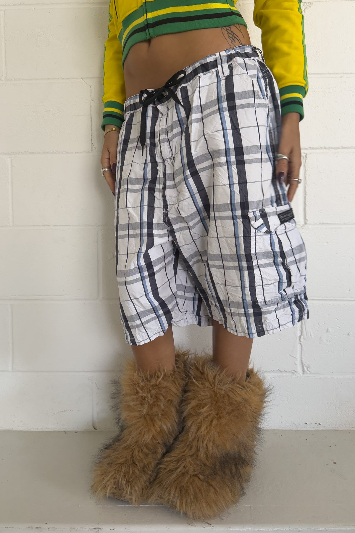 WRANGLER blue + white navy plaid shorts ★ one size adjustable waist