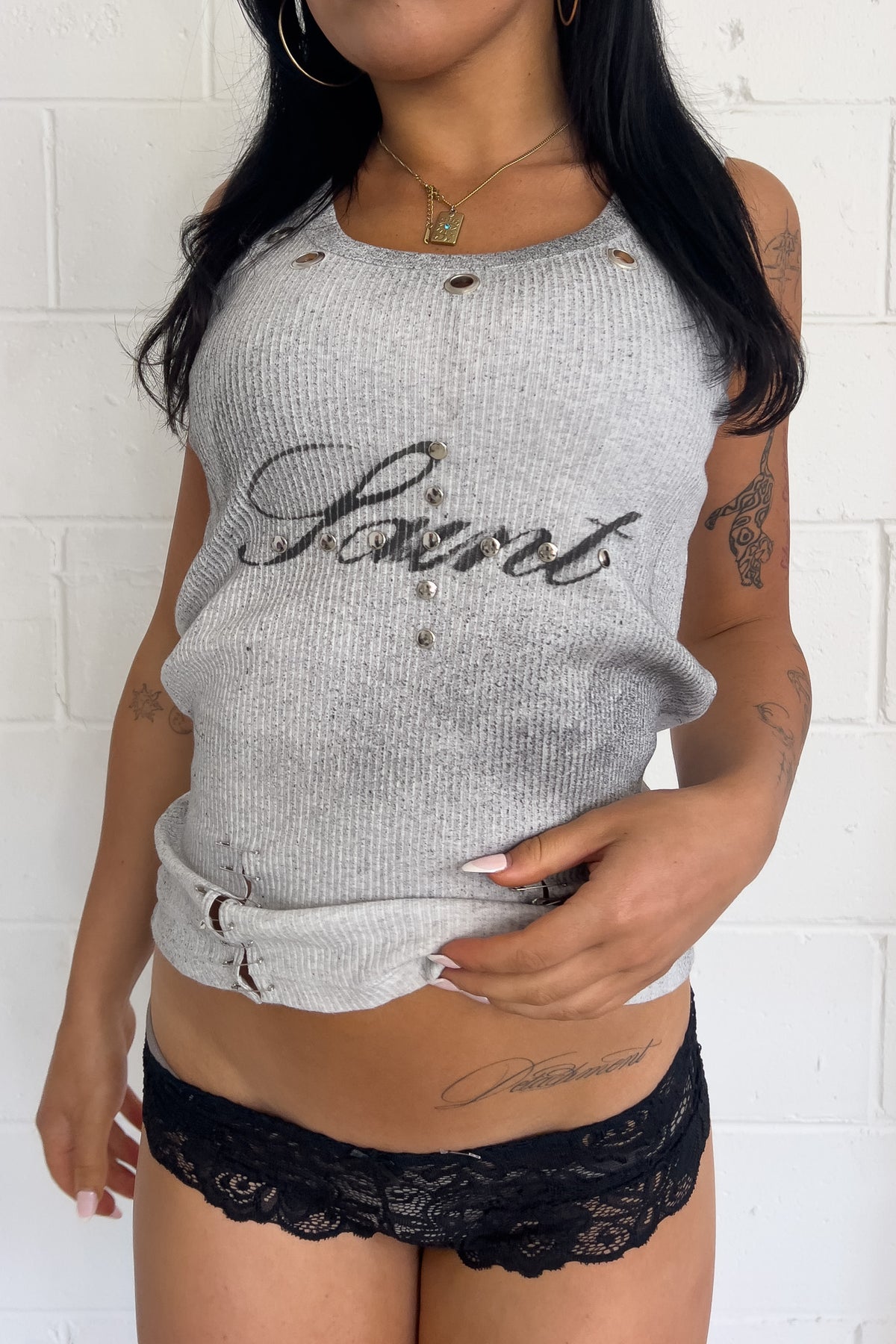 SAINT grey graphic studded tank ★ Size estimated large