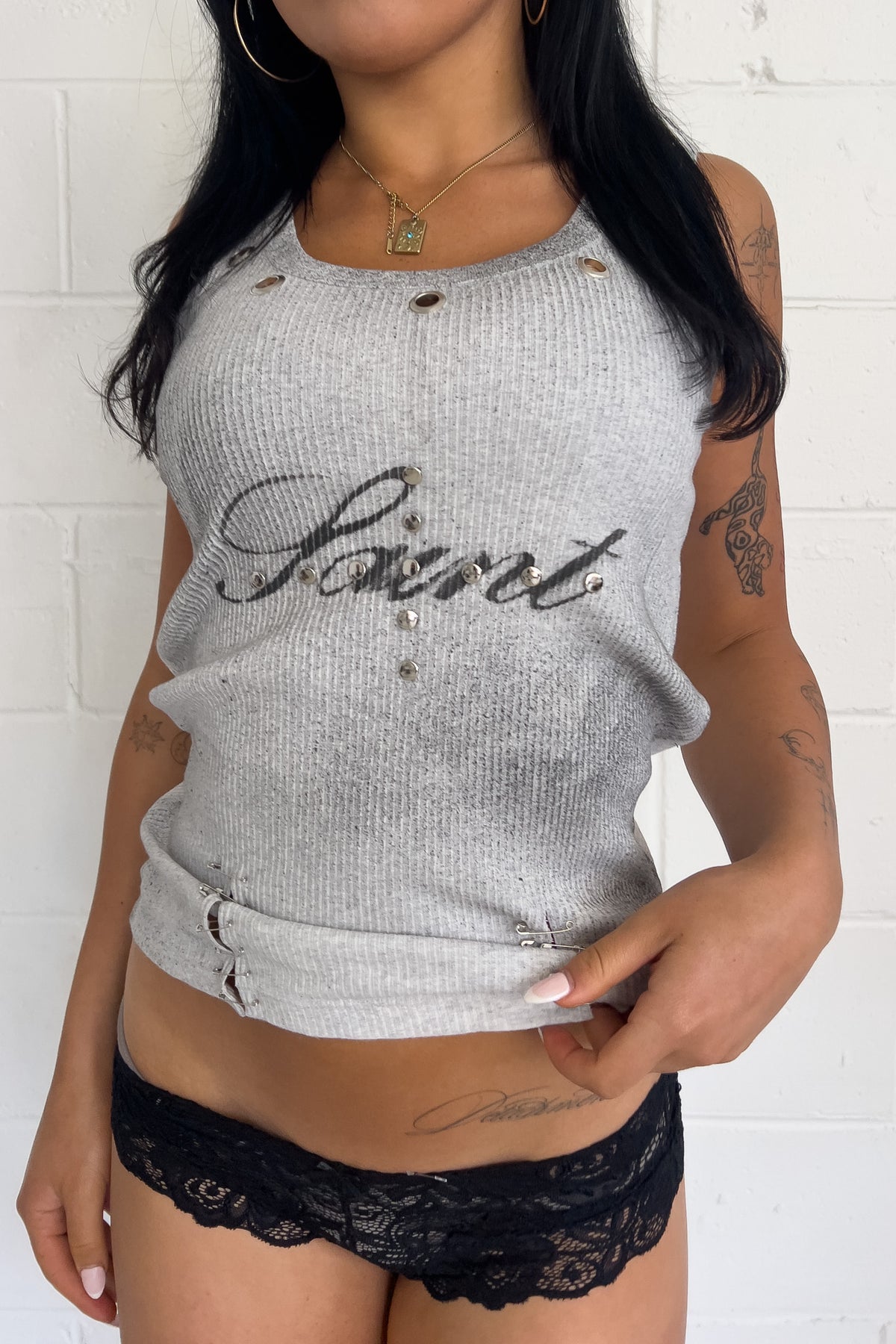SAINT grey graphic studded tank ★ Size estimated large