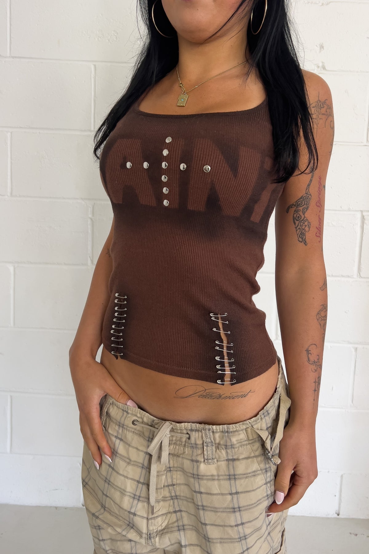 SAINT brown studded tank with safety pins ★  Size est XS