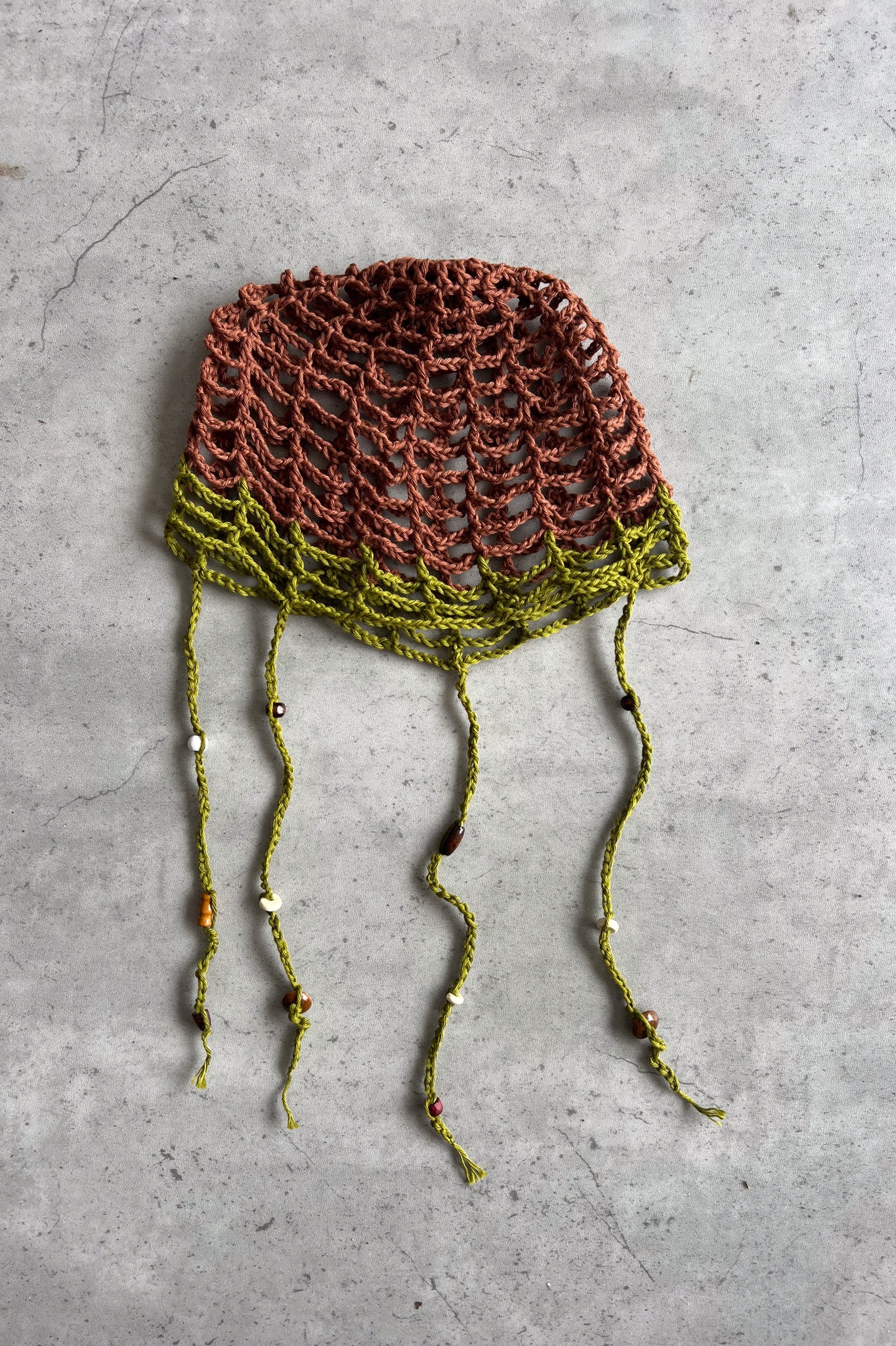 HANDMADE olive green & brown beaded crotchet skull cap ★