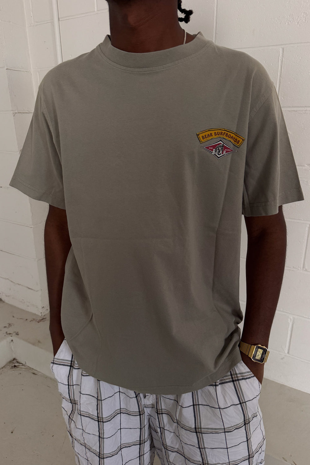 BEAR SURFBOARDS khaki graphic tee ★ Size large