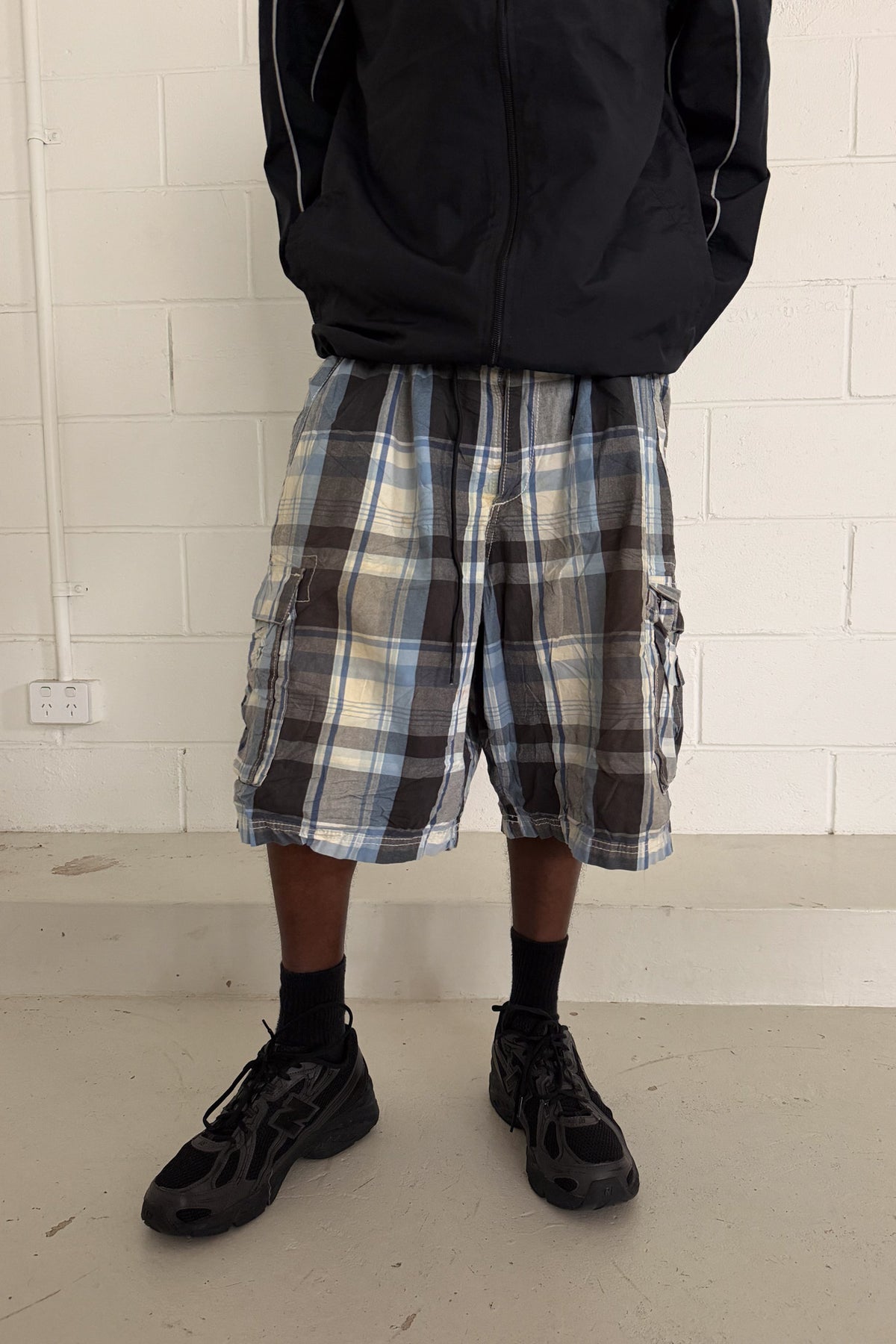 Grey & blue plaid jorts ★ one size adjustable waist