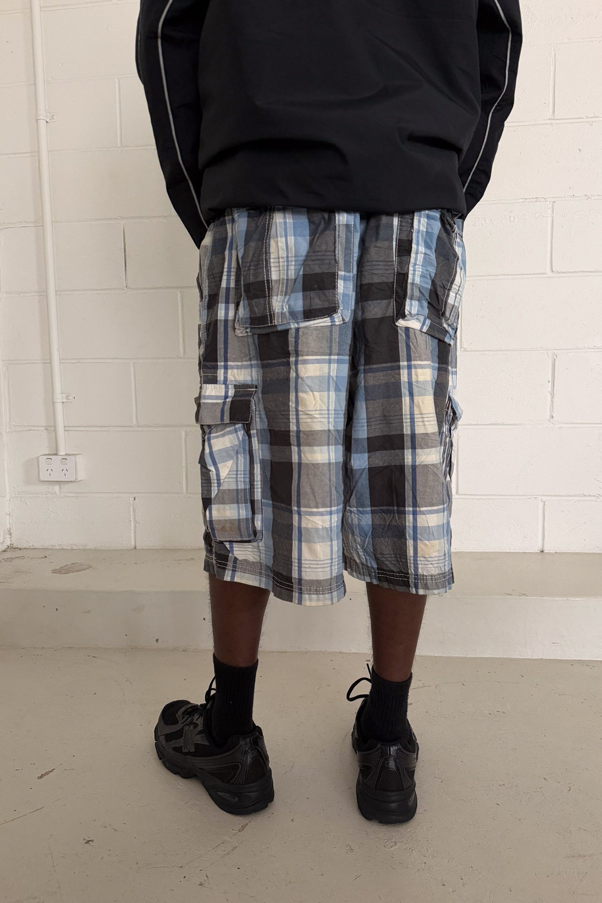 Grey & blue plaid jorts ★ one size adjustable waist