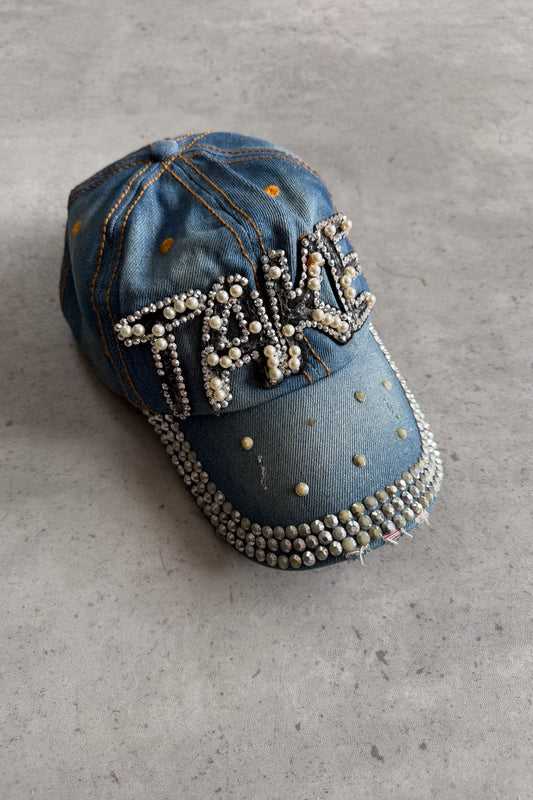 Diamante 'TAKE' denim embellished cap
