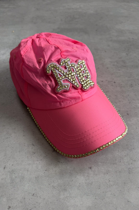 Pink neon diamante sequinned cap