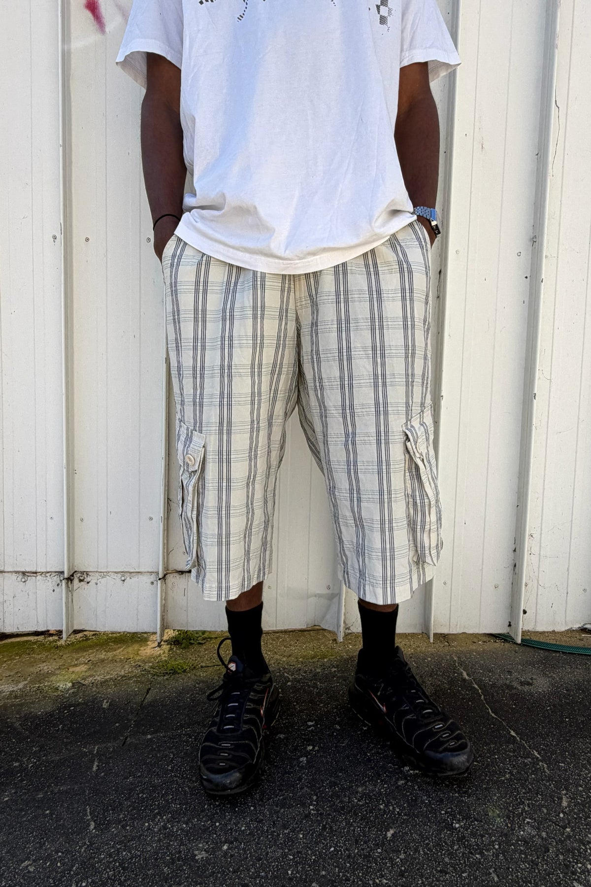 White & navy plaid jorts ★ one size adjustable waist