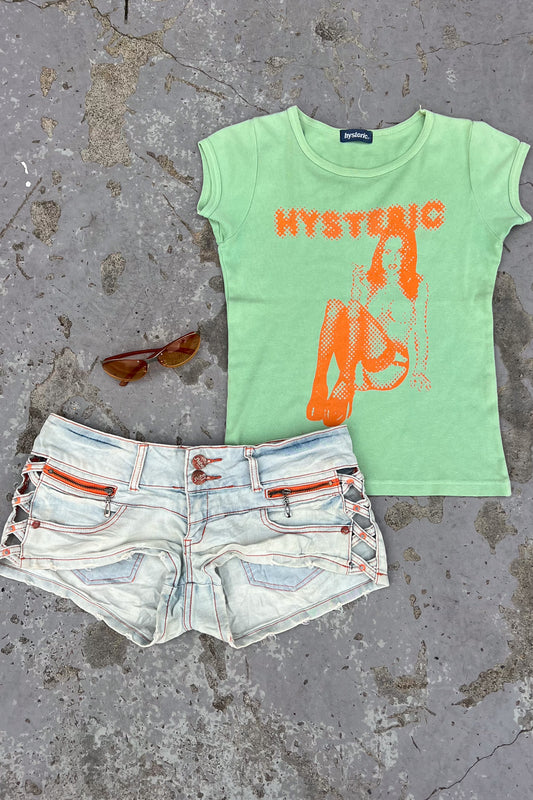 Open slit mini denim shorts