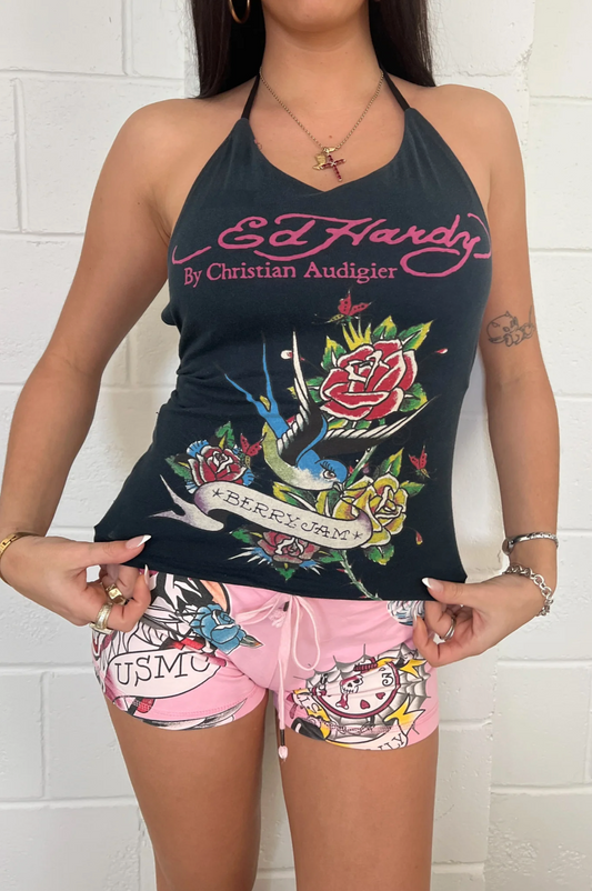 ED HARDY graphic halter neck tank